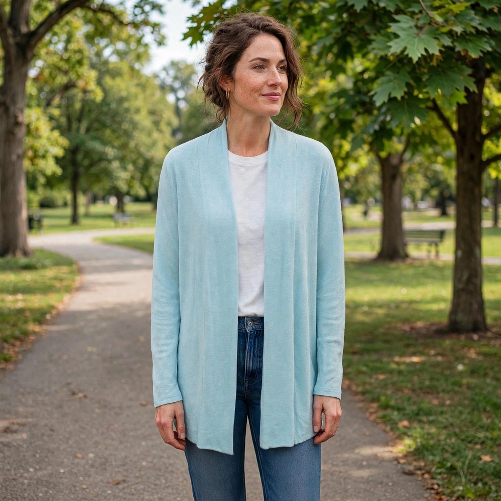 J. Jill Love Linen Cardigan Sweater Blue Aqua Open Front Shawl Collar Womens M